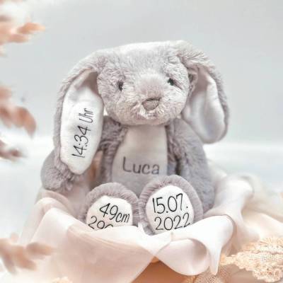 Kuscheltier Hase Personalisiert mit Namen und Geburtsdaten / Osterhase / Geschenk Baby zur Geburt / Ostergeschenk Hase