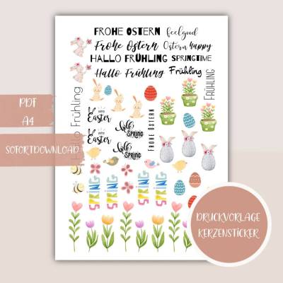 Kerzensticker, Kerzentattoo - Ostern, Frühling - PDF Datei zum Ausdrucken auch für Stickerpapier