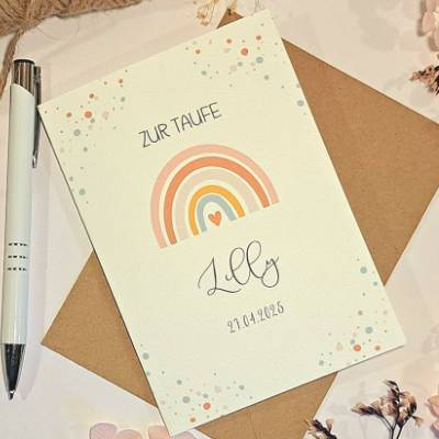 Personalisierte Taufkarte für Mädchen mit Namen & Taufdatum – Regenbogen-Design – Glückwunschkarte zur Taufe