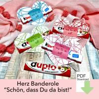 4 Herz Banderole Duplo oder Kinderriegel, Schön, dass Du da bist! Gastgeschenk Kommunion, Ostern, Konfirmation Tischdeko