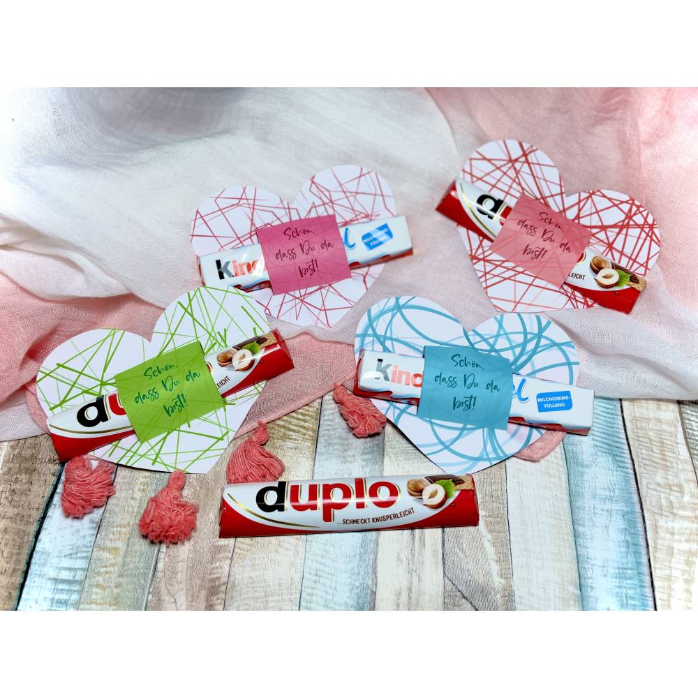 4 Herz Banderole Duplo oder Kinderriegel, Schön, dass Du da bist! Gastgeschenk Kommunion, Ostern, Konfirmation Tischdeko Bild 4