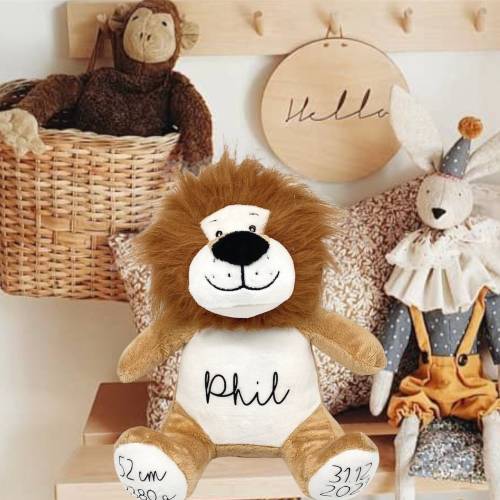 Kuscheltier Löwe Personalisiert mit Name, Geburtsdaten / Babygeschenk Stofftier / Geschenk mit Geburtsdaten / Geburtsges
