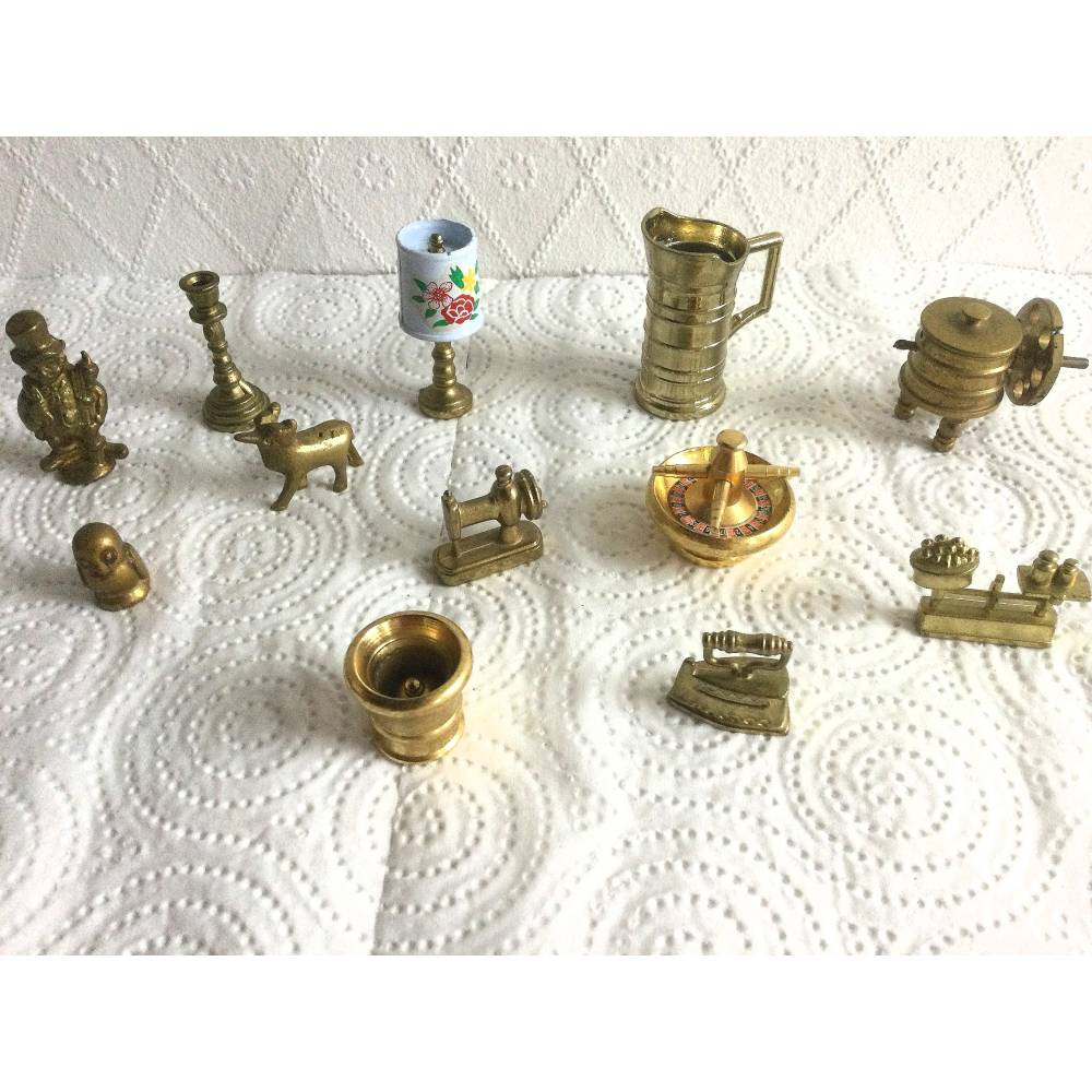 Vintage 12er Set Setzkastenfiguren Miniaturen Messing aus den 70er Jahren