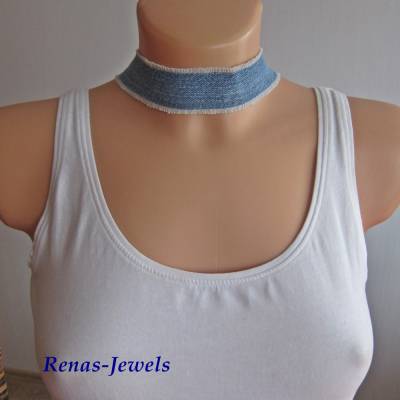 Choker Kropfband Halsband blau silberfarben Upcycling aus einer alten Jeans