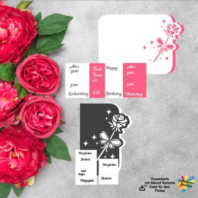 Plotterdatei Rosenkarte mit Stencil Sprüchen – SVG, DXF & PDF | Kreative Bastelvorlage