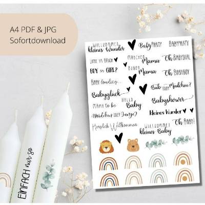 PDF Vorlage für Kerzen I Babyparty | Mitbringsel I Kerzentattoo Stabkerzen Wasserschiebefolie | Druckvorlage DIY