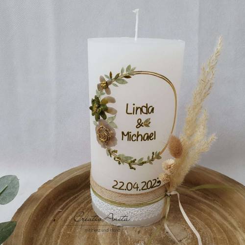 Hochzeitskerze Rustik weiß groß - mit Blütenkreis gold, taupe und olive mit Pampasgras mit/ohne Teelichteinsatz
