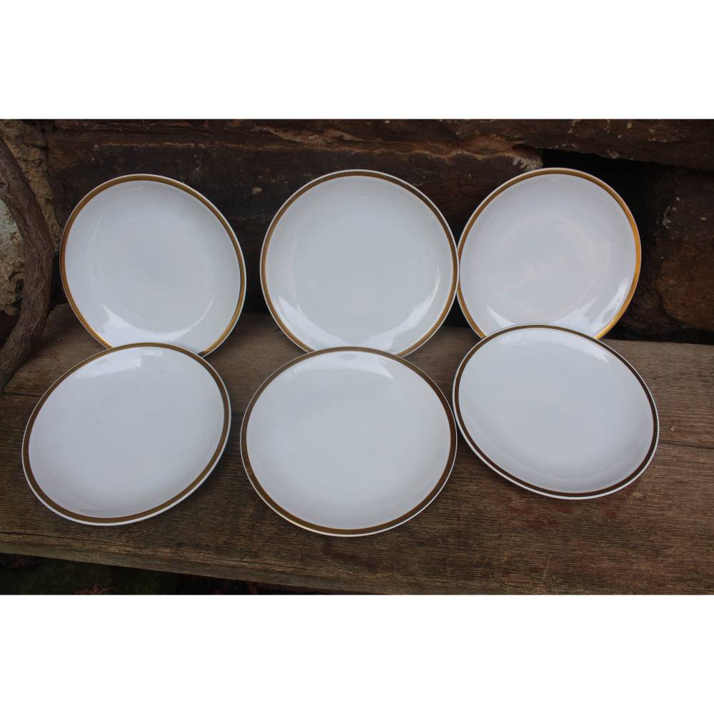 6er Set Suppenteller Pastateller Salatteller mit Goldrand Triptis Porzellan 60er Jahre DDR GDR