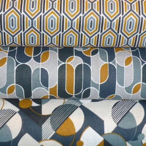 3 x 0,5m Stoffpaket Geo Kreise Hexagon gelb senfgelb dunkelgrau grau Ökotex