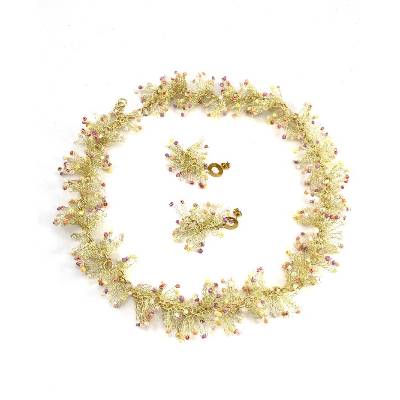 SCHMUCKSET - gehäkelter, hellgoldfarbener Kupferdraht: Collier & Ohrringe mit pastellbunten Rocailles, einzeln ab