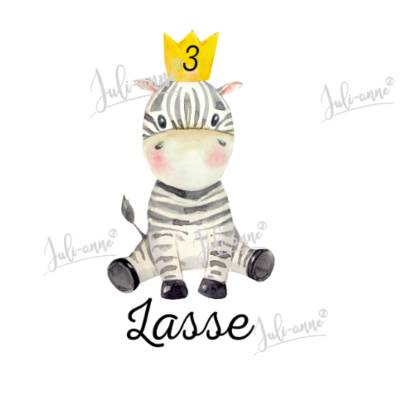 Bügelbild Geburtstag Zebra mit Krone *Zahl & Name