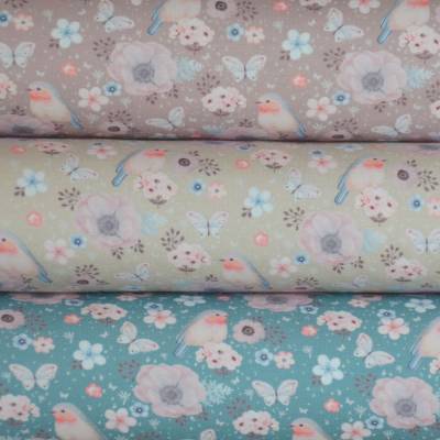 Jersey mit Rotkehlchen und Blumen blau rosa beige 50  x 150 cm  Nähen Stoff elastisch