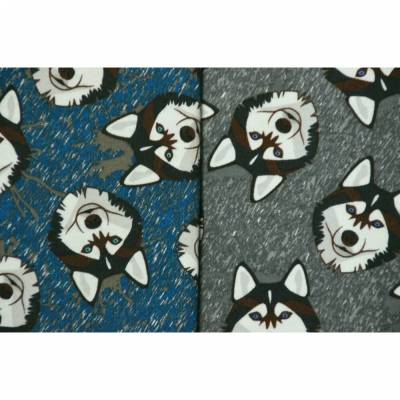 kuscheliger Sweat-Stoff mit Wolf Husky petrol und grau 50 cm x 150 cm