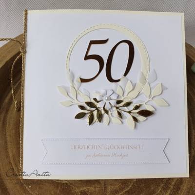 Glückwunschkarte zur GOLDENEN HOCHZEIT - mit Blättern Creme-Gold