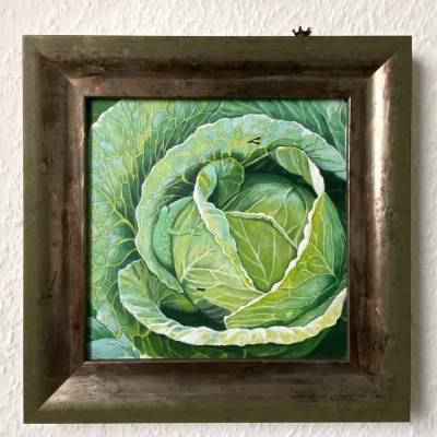 Der Kohlfrosch, Froschbild, witziges Bild, Frosch im Kohl, Kohl, gerahmtes Original