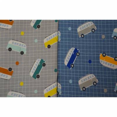 kuscheliger Sweat-Stoff French Terry mit Bulli VW-Bus blau und grau 50 x 145 cm