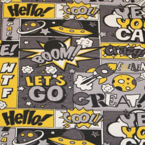 15,50 EUR/m Jersey Comics Crazy grau gelb Baumwolljersey