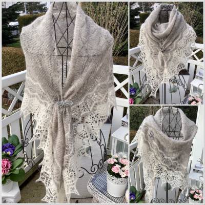 Lacetuch *EMMA* gestricktes Schultertuch in grau /natur Alpaka/Seide Größe 2