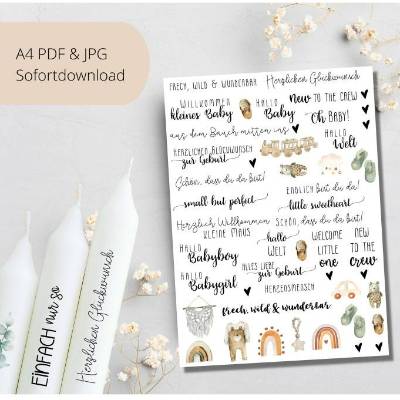 PDF Vorlage für Kerzensticker I Boho Geschenk zur Geburt Baby I Kerzentattoo Stabkerzen Wasserschiebefolie | Druckvorlag