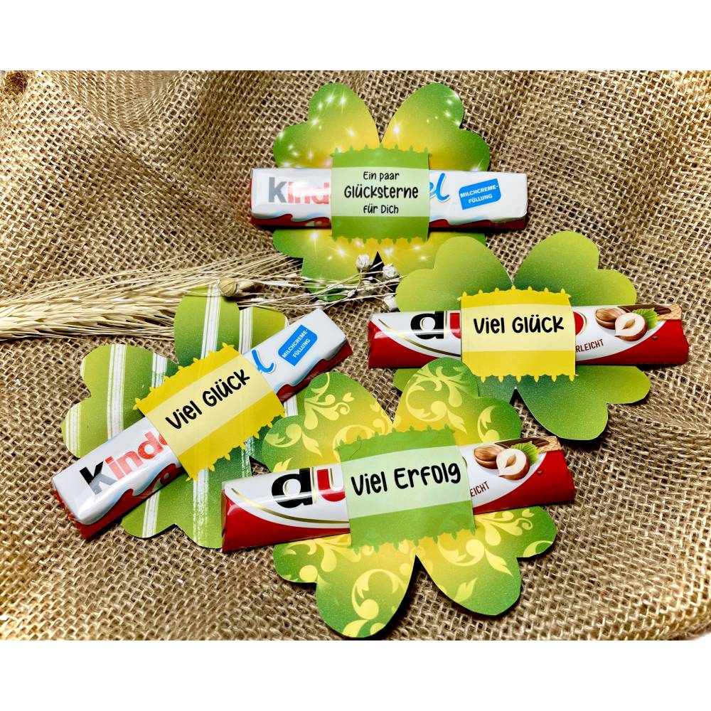 4 Kleeblatt Duplo Verpackung Banderolen, Schokolade, Viel Glück Geschenk, Glücksbringer, Kollegen, Wünsche Prüfung Bild 2