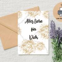 Grußkarte Alles Liebe Gold zum ausdrucken, goldene und silber Funken Funken, Postkarte im Din A6 Format, Geburtstag, Dow