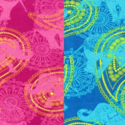 Bio-Jersey mit Paisley und Elefanten Beere und Türkis 50 cm x 150 cm Nähen Bio-Baumwolle