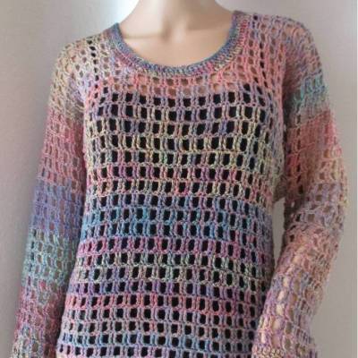 Netz-Pullover, Häkelshirt mit hübschem Muster in tollen Farben, Überwurf, Top, Pulli, Shirt, Tunika, gehäkelt