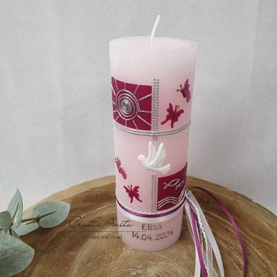 Taufkerze Rustik- Taube rosa-beere - Mädchen Taufe Geburt
