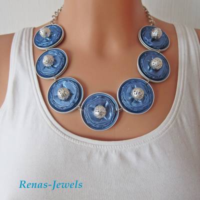 Statementkette kurz blau silberfarben Collier Upcycling Kette Statement Kette