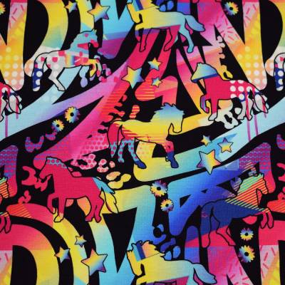 Baumwolljersey bunte Pferde&Sterne auf schwarz–Neon Jersey Stoffe Meterware für Kinderstoffe ökotex100 nähen Geschenke