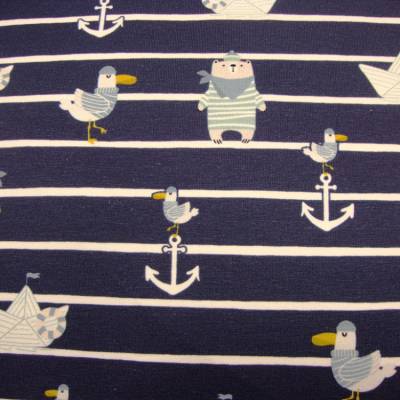 Baumwolljersey maritim Glück Ahoj–weiße Streifen Marine, Möwen, Boote, Anker, Eisbär Stoffe Jersey Meterware Ökotex100 
