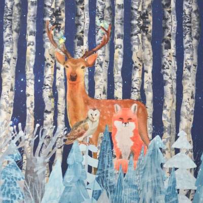French Terry Panel Hirsch vor Birken Fuchs Eule Stenzo Digitaldruck 120 x 150 cm