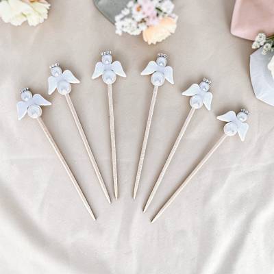 Engel Topper & Sticks – 6er Set für Konfirmation, Taufe, Hochzeit – Dekosticks & Piekser mit Perlenengel
