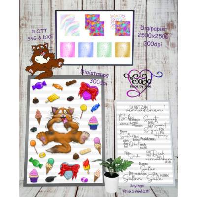 TiSaJa - Set Plott und Digistamp "Sweets" PNG SVG DXF Sayings Digipapier Süßigkeiten Katze