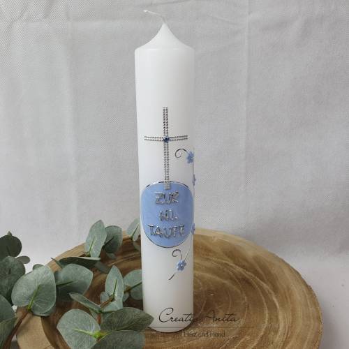Taufkerze mit Kreuz und Kreis - Blau marmoriert - Hl. Taufe - personalisiert