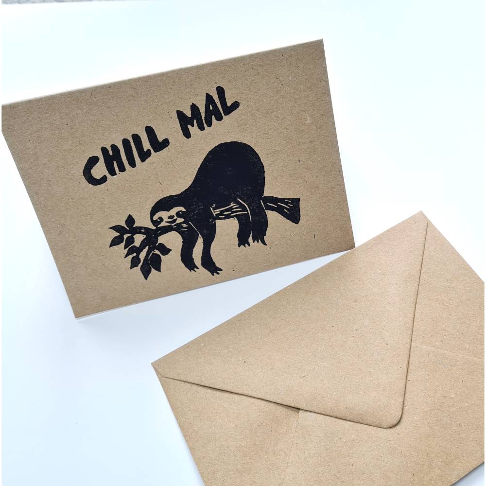 Linoldruck Klappkarte Grußkarte Faultier Chill mal Bild 2