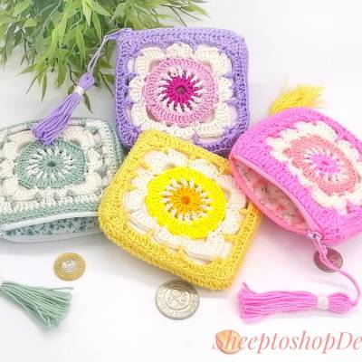 Gehäkeltes Portemonnaie "Lilie" im Boho Vintage Stil Granny square Geldbörse