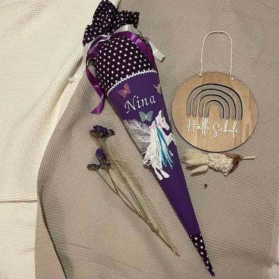 Schultüte Pegasus in lila,  Zuckertüte mit Namen bestickt, Mädchen Schultüte aus Stoff