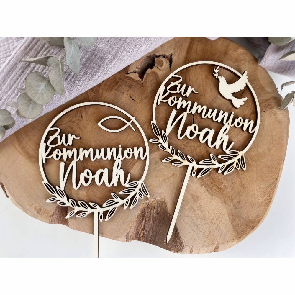 Caketopper zur Kommunion / Konfirmation / Taufe / Kuchendeko Cake Topper mit Fisch oder Taube / Kuchenstecker personalis