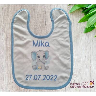 Lätzchen blau, Babylätzchen Jungen mit Namen und Datum, Motiv Elefant