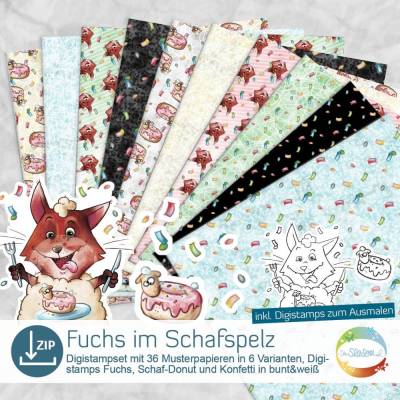 Digistampset Fuchs im Schafspelz, Papiere und Stamps für Fasching, Feiern, Geburtstag, Kindergeburtstag, Konfetti, Party