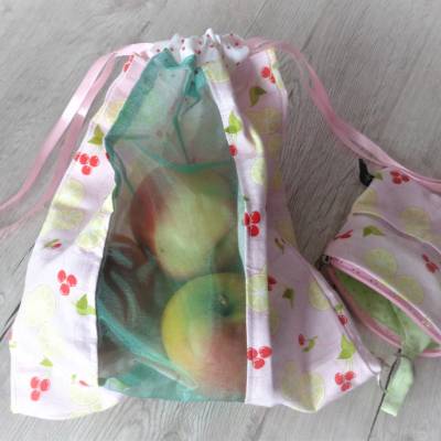 Stoff Brotbeutel Brötchenbeutel Obstbeutel Gemüsebeutel mit Kordelzug & Sichtfenster Mittel inkl. Minibag