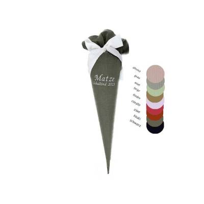 Musselin Schultüte in khaki, Zuckertüte im Nostalgielook, mit Namen und Schulkind bestickt, in vielen Farben