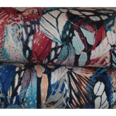 Viskose-Jersey mit Federn Flügel blau und marsalarot 50 x 145 cm Nähen Stoff