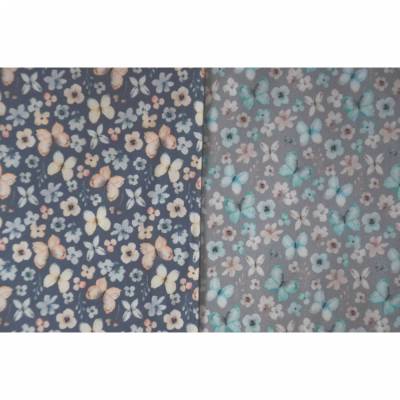 Baumwollstoff mit Schmetterlingen und Blumen jeansblau hellgrau 50 x 150 cm 