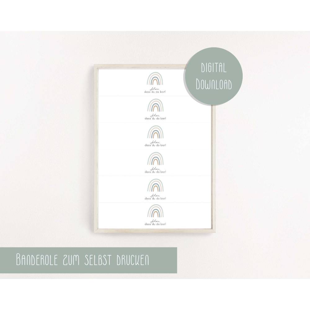 Servietten Banderole | Taufe Regenbogen mint | Getränkebanderole | neutrale Taufdeko oder Gastgeschenk | PDF Download Bild 1
