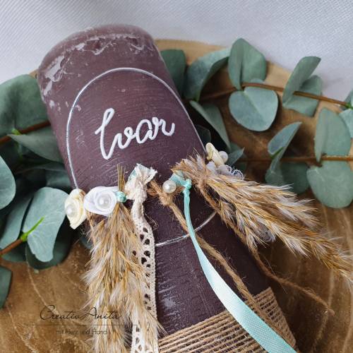 Taufkerze Rustikkerze Junge Boho-Stil - Silber-Mint mit Pampasgras