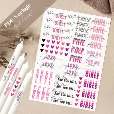 Girl Power PDF Vorlage Kerzentattoo Kerzensticker Kerzen Love yourself Girlboss Girls You go Girl