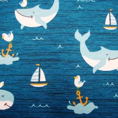 Baumwolljersey Wale, Segelschiffe & Anker auf petrol – Maritimer Kinderstoffe Meterware ökotex100 Nähen Body Mitwachshos