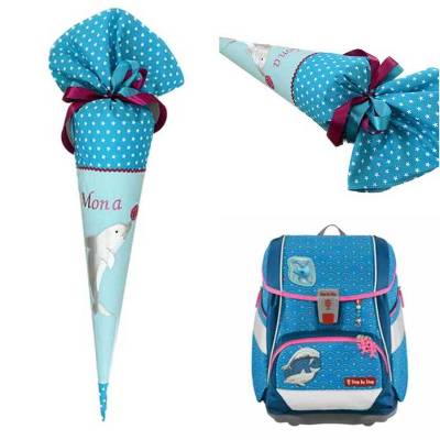 Schultüte Delfin, große Zuckertüte aus Stoff mit Namen bestickt für Mädchen & Jungen